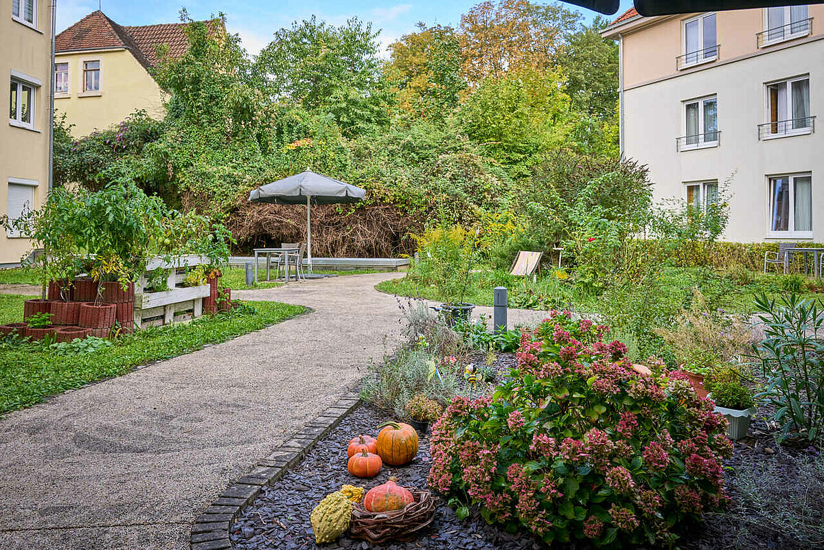 Garten mit Blumenbeeten in der Senioren-Residenz "Hohenzollernplatz"